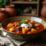Bol de goulash hongrois traditionnel servi avec crème fraîche et persil sur une table en bois rustique