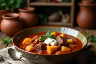 Bol de goulash hongrois traditionnel servi avec crème fraîche et persil sur une table en bois rustique