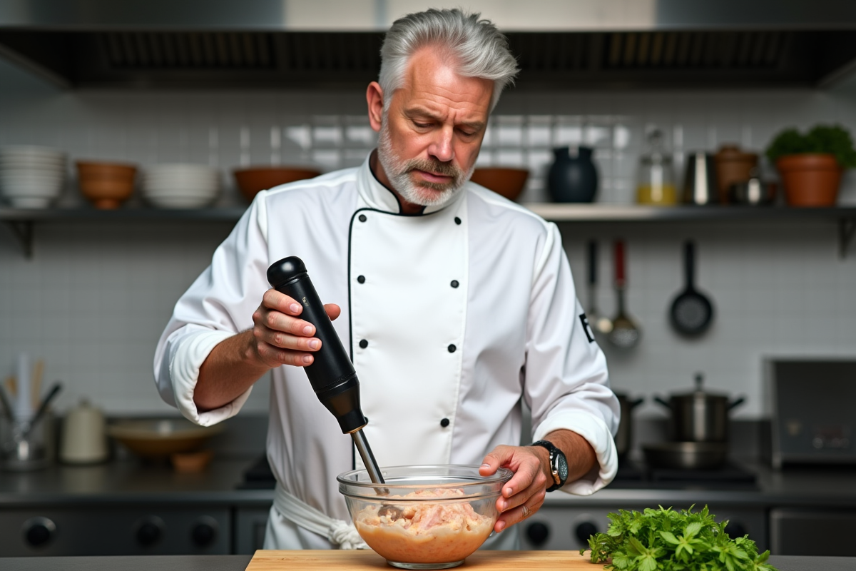 Chef professionnel moulant du poulet avec mixeur immersion