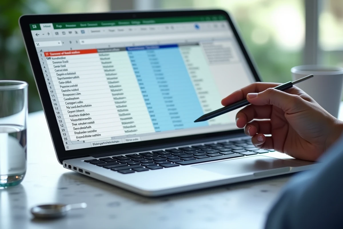 Gros plan d'un écran Excel avec formule de conversion millilitres en litres et main pointant une cellule