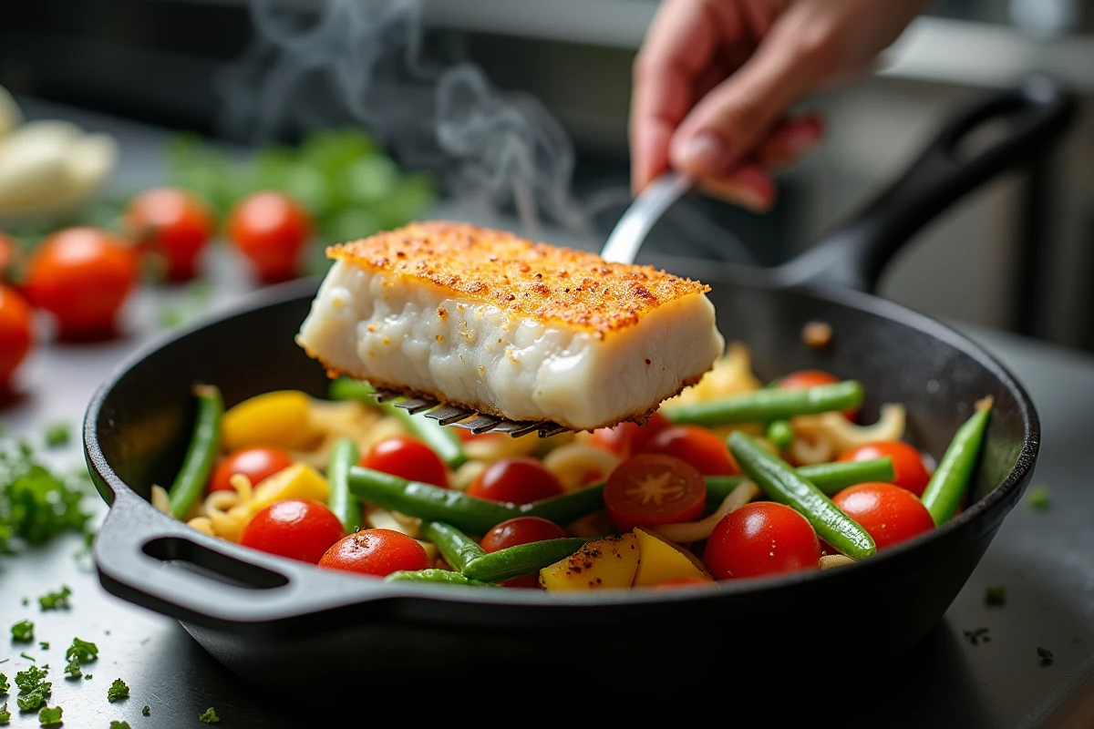 Gros plan filet de poisson blanc doré dans une poêle en fonte avec légumes printaniers pois mangetout tomates