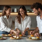 Groupe d'adultes partageant des tapas dans une cuisine moderne