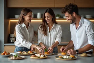 Groupe d'adultes partageant des tapas dans une cuisine moderne