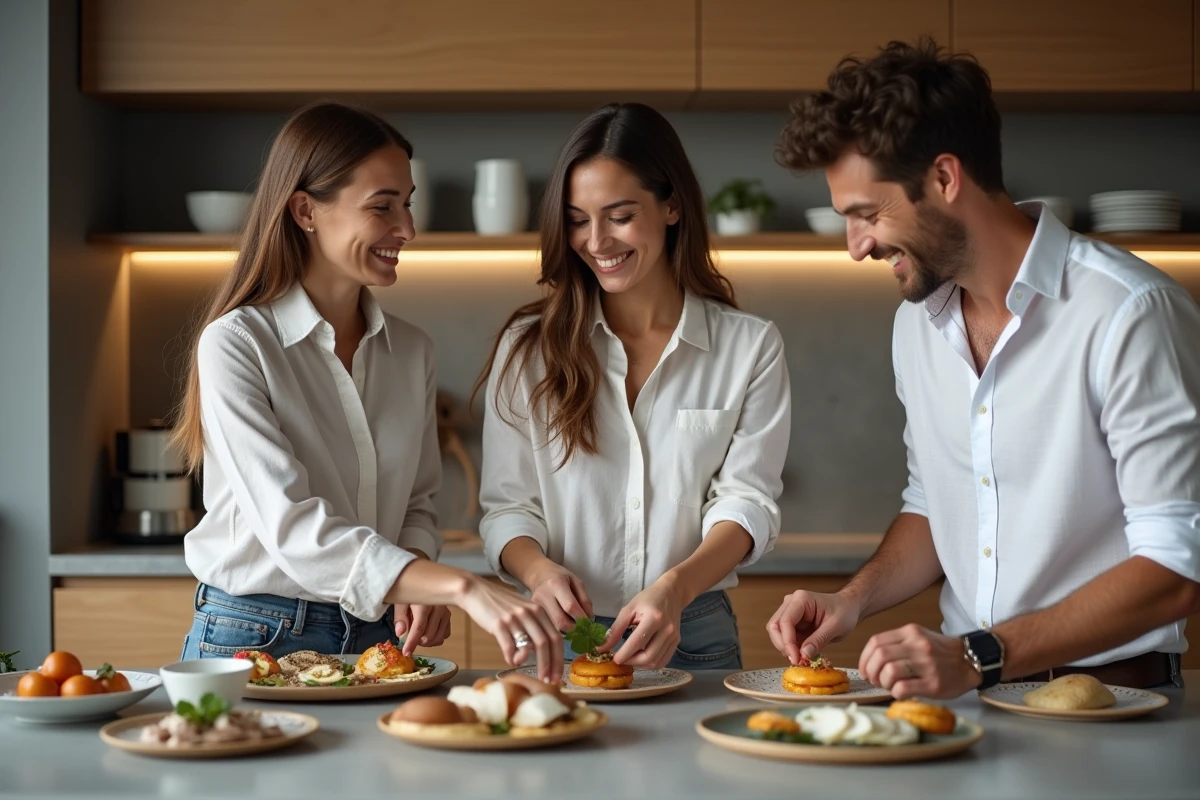 Groupe d'adultes partageant des tapas dans une cuisine moderne