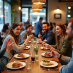 Groupe d'amis partageant un repas convivial en bistro