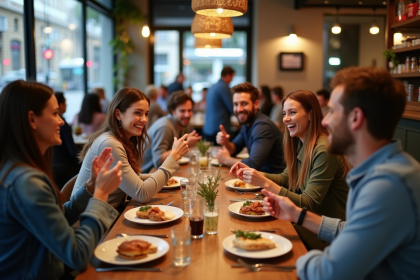 Groupe d'amis partageant un repas convivial en bistro