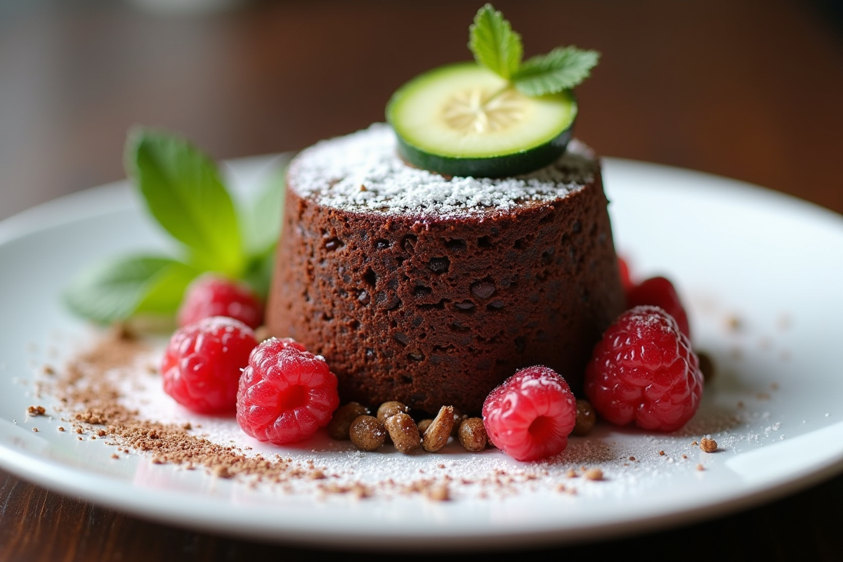 Gâteau au chocolat à la courgette décoré de fruits et sucre glace