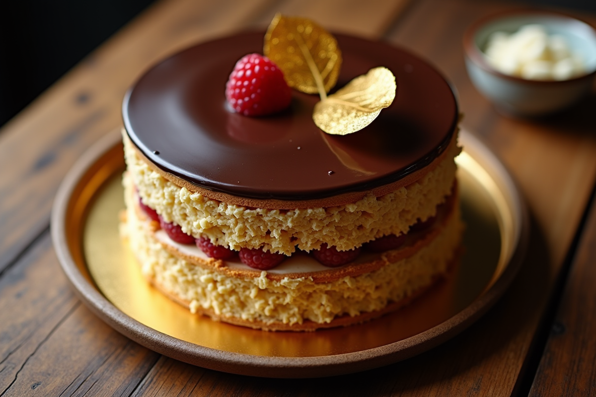 Gâteau opera entier vu du dessus avec couches visibles