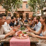 Terrasse animée d'une guinguette toulousaine avec des amis attablés autour de planches apéritives et de verres de rosé