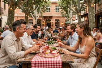 Terrasse animée d'une guinguette toulousaine avec des amis attablés autour de planches apéritives et de verres de rosé
