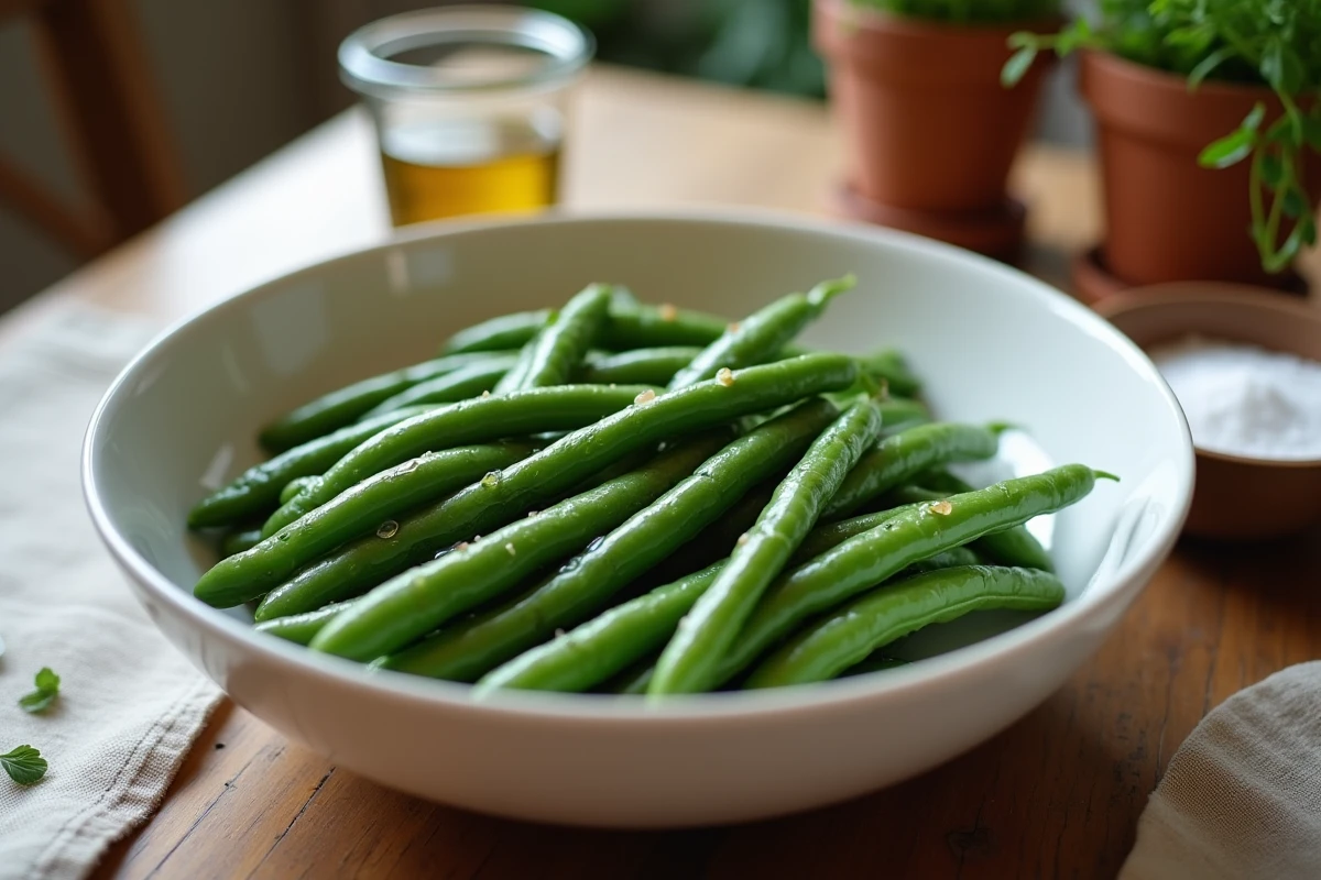 Bol de haricots verts cuits à la cocotte minute servis avec de l'huile d'olive et du sel sur une table en chêne