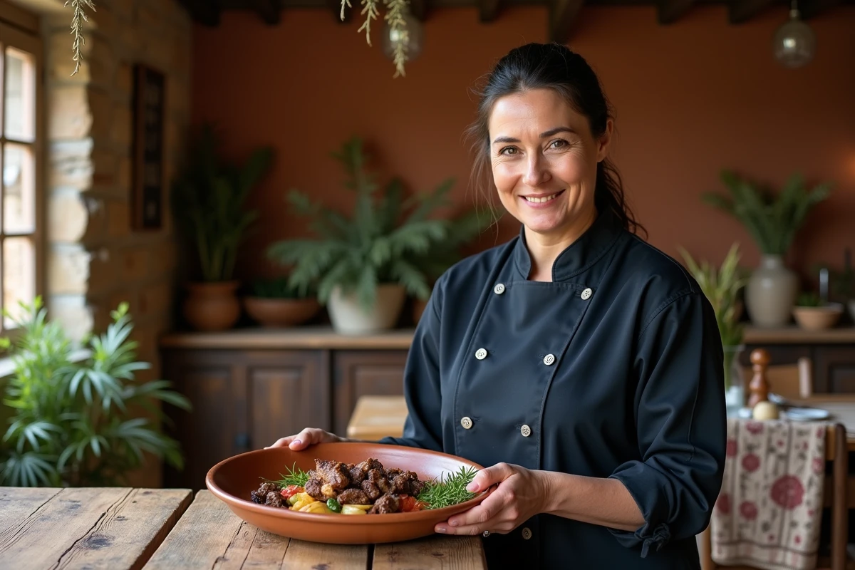 Hélène Darroze présentant un plat emblématique du Sud-Ouest à base de canard confit et de cèpes dans un décor de ferme gasconne authentique