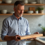 Homme inspectant une planche en bois violet dans une cuisine lumineuse