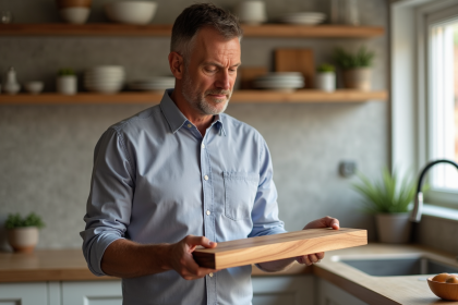 Homme inspectant une planche en bois violet dans une cuisine lumineuse