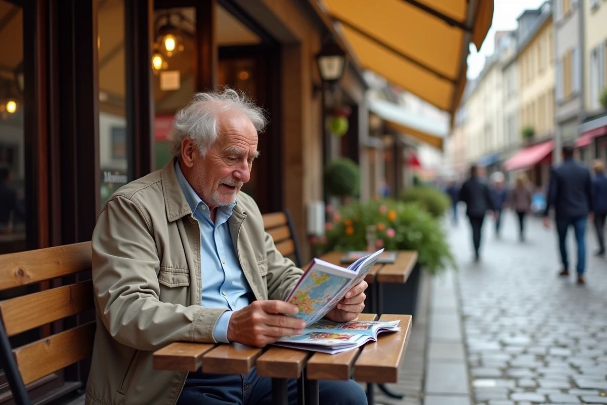 Homme âgé lisant des brochures devant un café à Argenteuil
