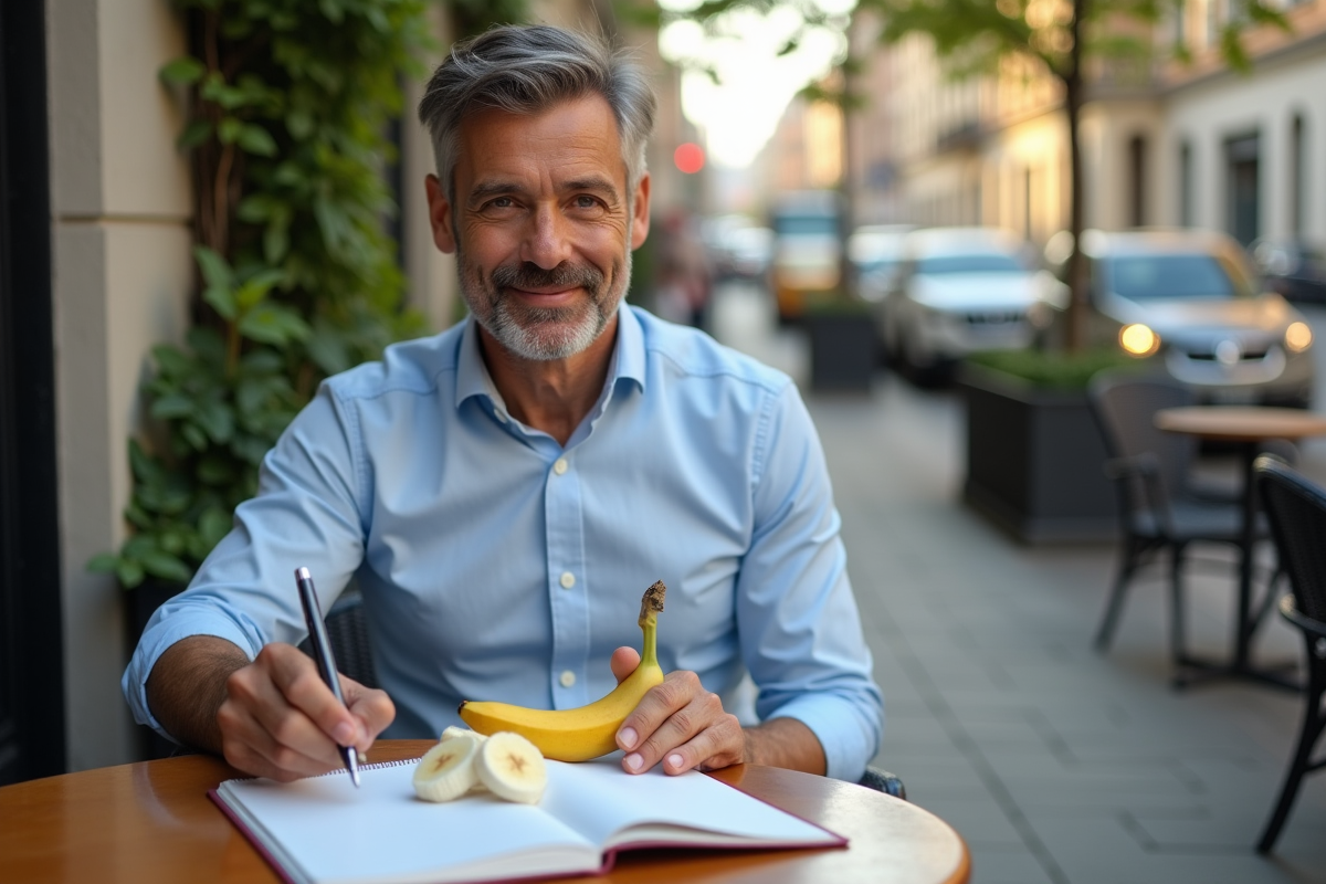 Homme au café tenant une banane avec un carnet keto