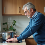 Homme d'âge moyen regardant une casserole en cuisine moderne