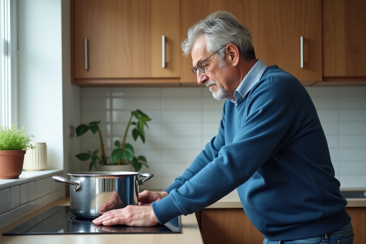 Homme d'âge moyen regardant une casserole en cuisine moderne