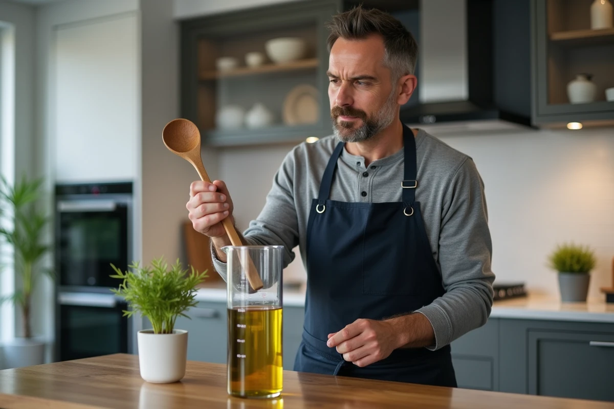 Homme lisant les graduations d'un verre doseur rempli d'huile d'olive tenant une cuillère en bois, méthode de conversion grammes en litres en cuisine moderne