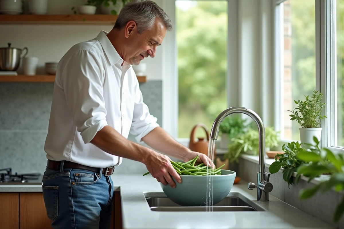 Homme versant des haricots frais dans un bol près de l