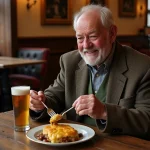 Homme âgé britannique souriant avec shepherds pie dans un pub traditionnel