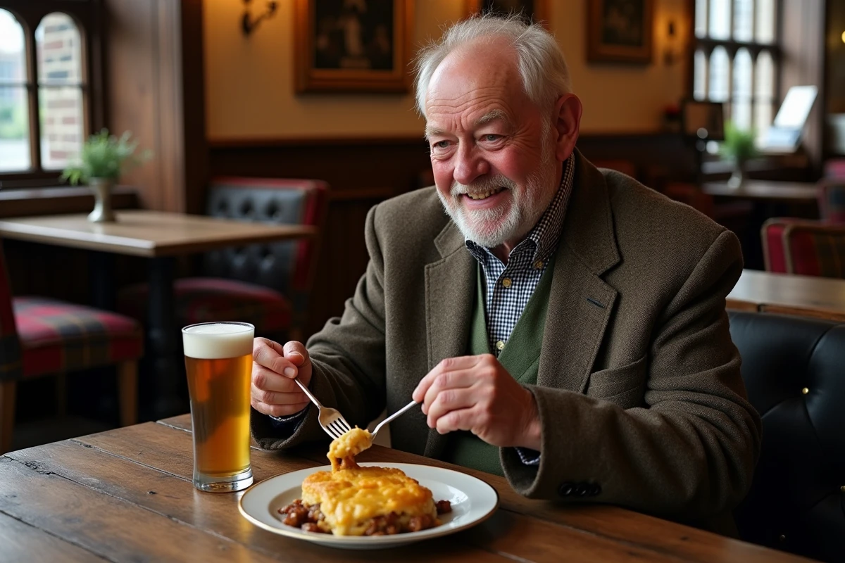 Homme âgé britannique souriant avec shepherds pie dans un pub traditionnel