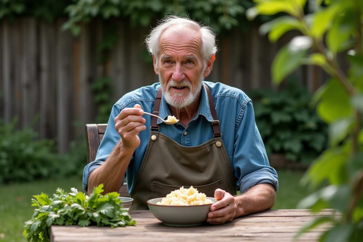 Homme âgé dégustant de la choucroute dans un jardin verdoyant