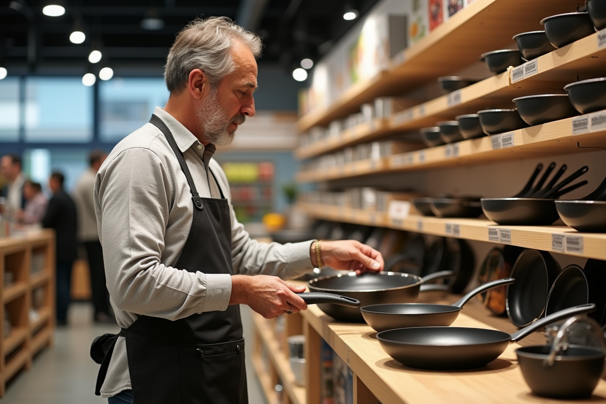 Homme vérifiant poêle antiadhésive en magasin