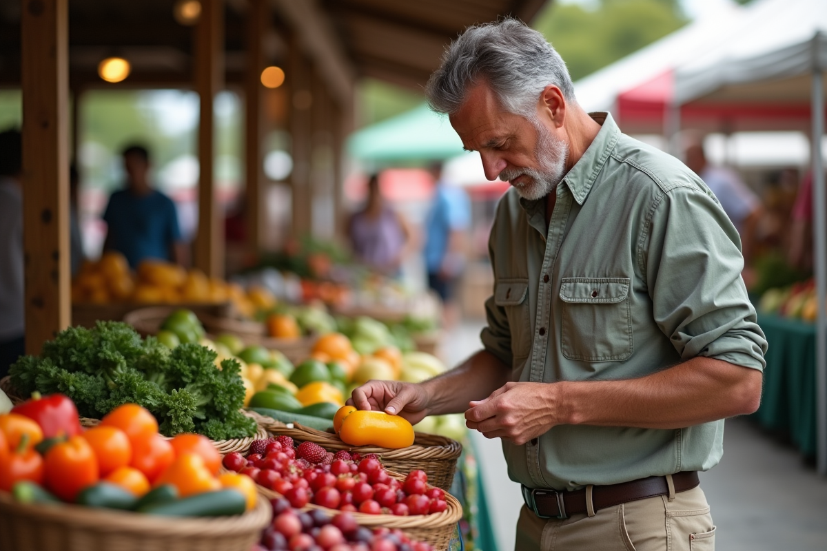 Homme choisissant des légumes frais au marché en plein air