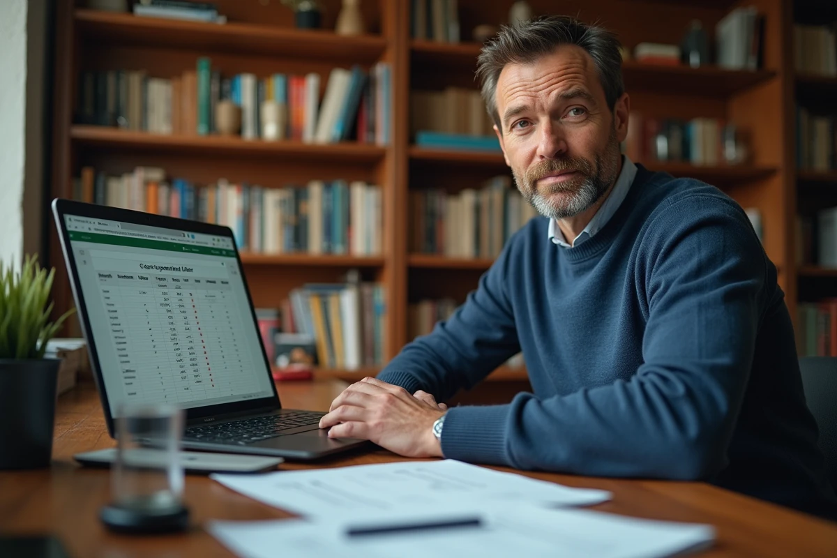 Homme travaillant sur une feuille Excel avec tableau de conversion millilitres en litres à domicile