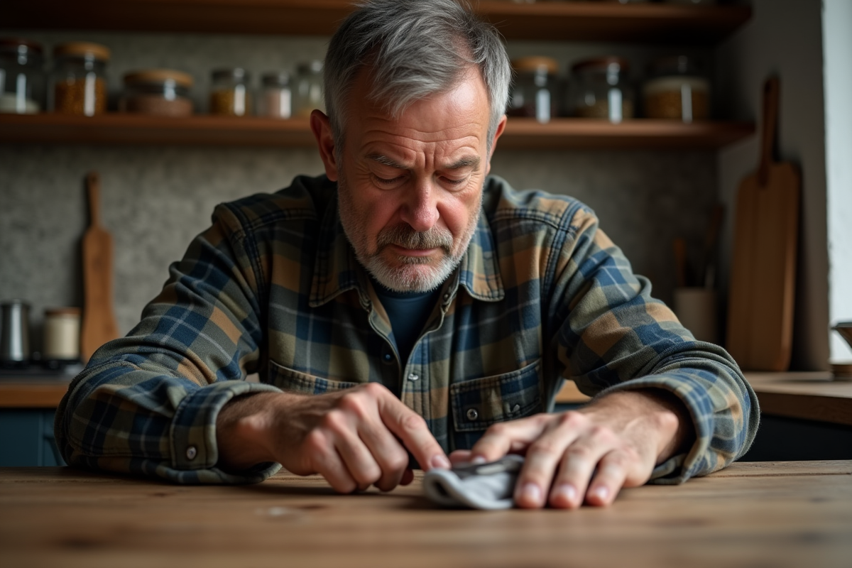 Homme appliquant de l'huile sur un couteau de cuisine