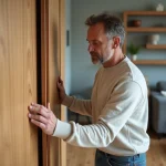 Homme d'âge moyen inspectant un meuble en bois dans un salon moderne