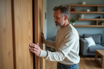 Homme d'âge moyen inspectant un meuble en bois dans un salon moderne