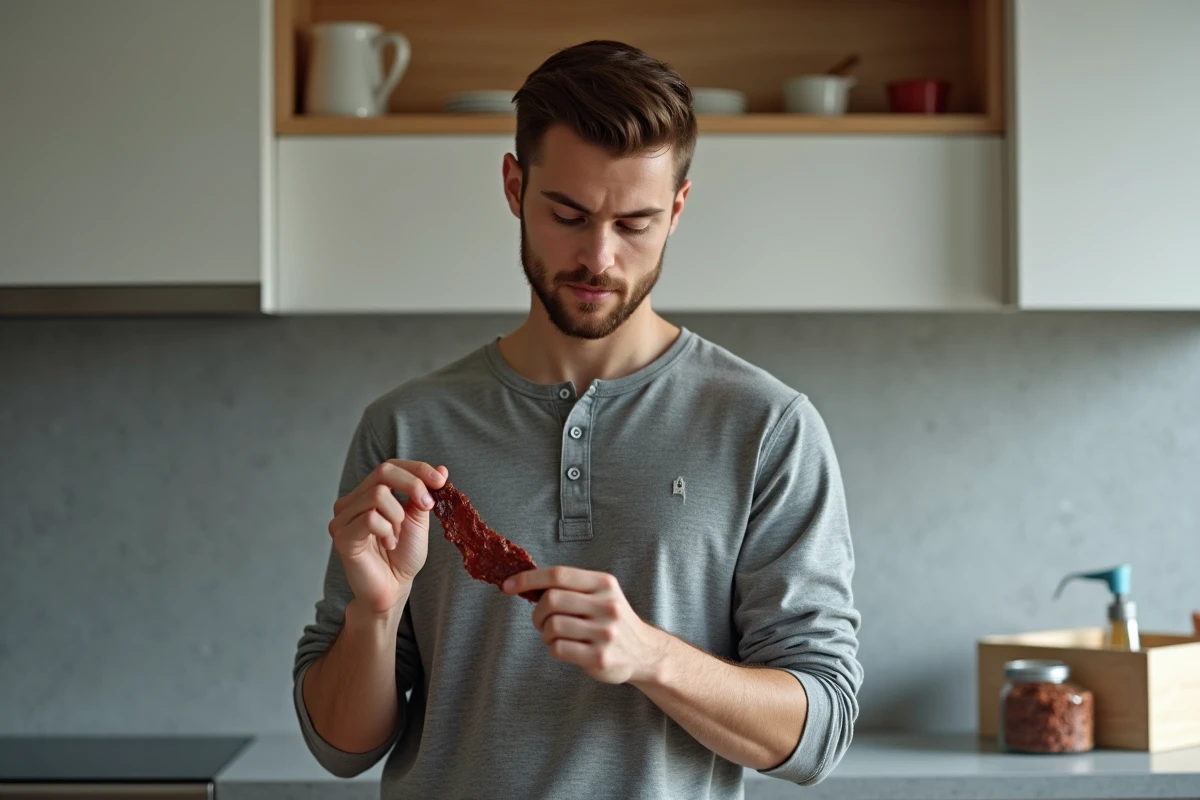 Homme inspectant une tranche de beef jerky de qualité entre ses doigts dans une cuisine moderne