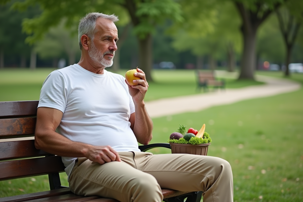 Homme d age moyen dégustant une pomme dans un parc