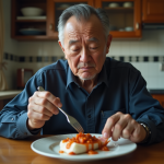 Homme d'âge moyen dégustant du poisson fermenté dans une cuisine