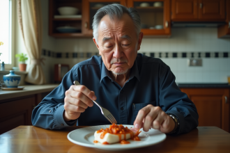 Homme d'âge moyen dégustant du poisson fermenté dans une cuisine
