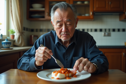 Homme d'âge moyen dégustant du poisson fermenté dans une cuisine