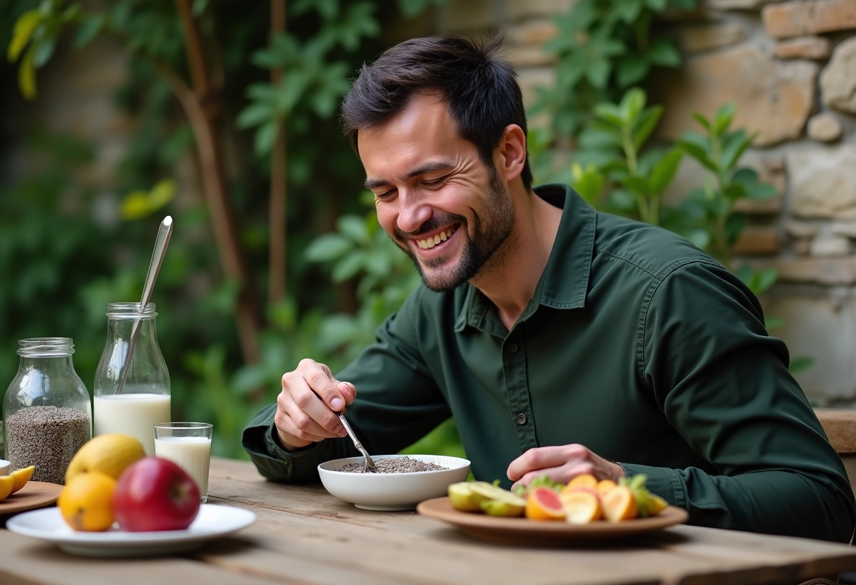 Homme dégustant un pudding vegan dans un jardin en plein air
