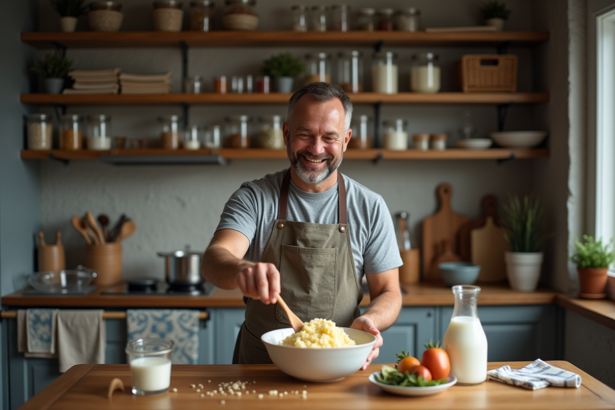 Homme mélangeant des patates dans un bol en cuisine