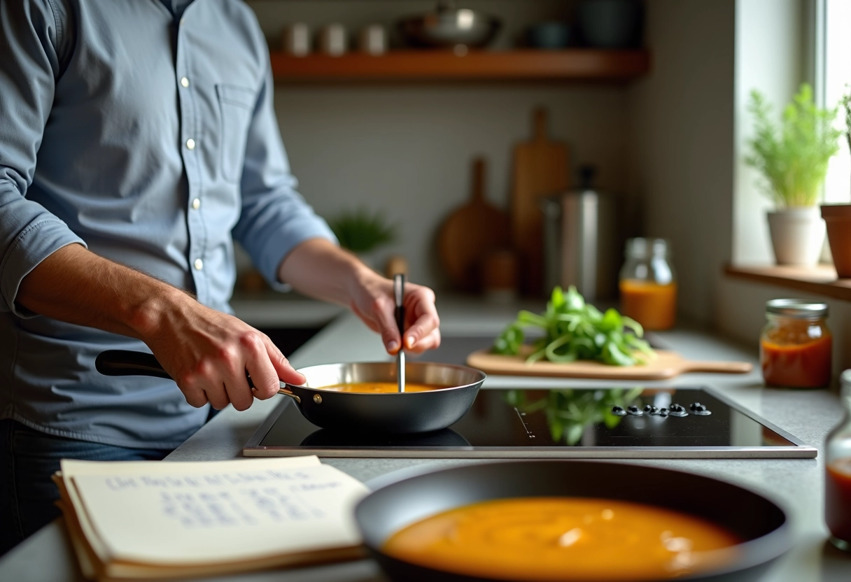 Homme remuant une sauce ail dans une cuisine moderne