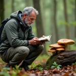 Homme examinant des champignons dans la forêt