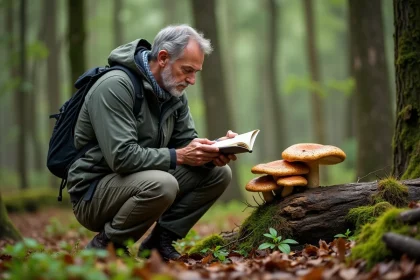 Homme examinant des champignons dans la forêt