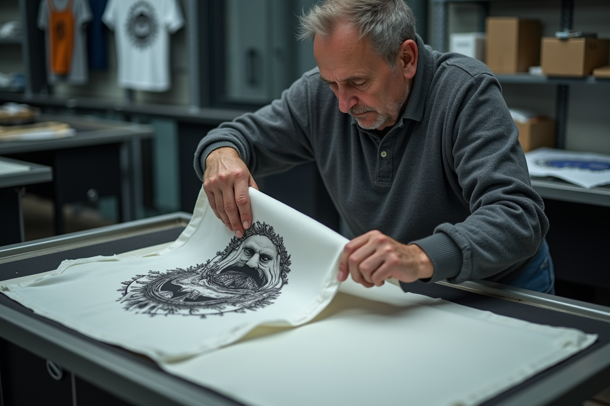 Homme montrant comment decoller un transfert DTF d’un t shirt en studio