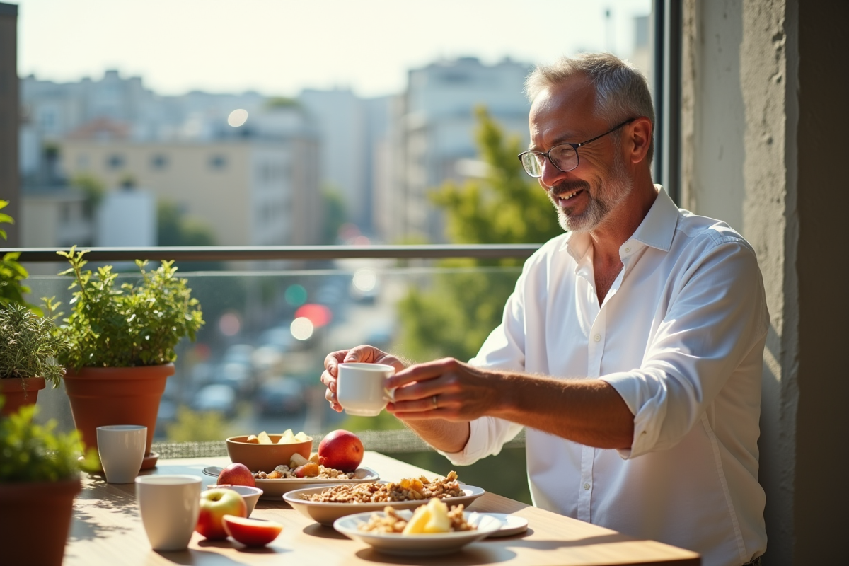 Homme préparant un petit déjeuner sain sur son balcon urbain