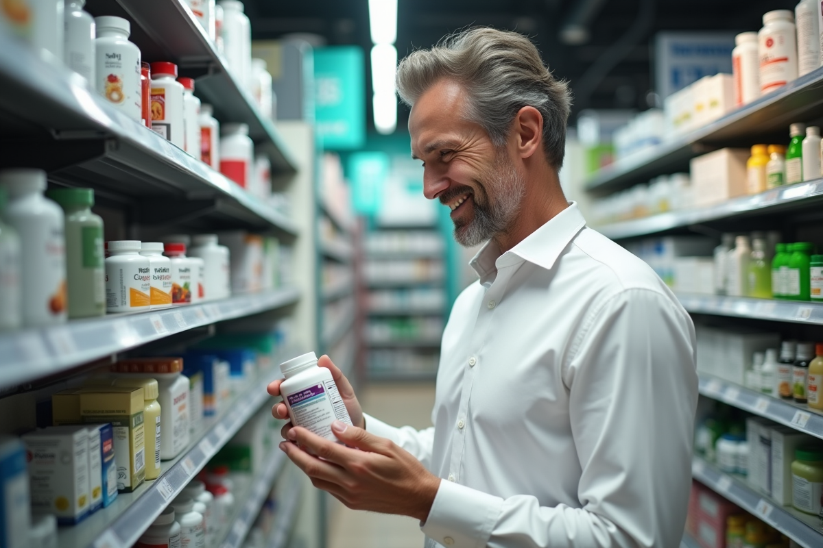 Homme en pharmacie examine une bouteille de compléments