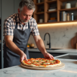 Homme en tablier plaide posant une pizza crue sur une pierre à pizza dans une cuisine moderne