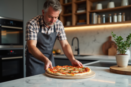 Homme en tablier plaide posant une pizza crue sur une pierre à pizza dans une cuisine moderne