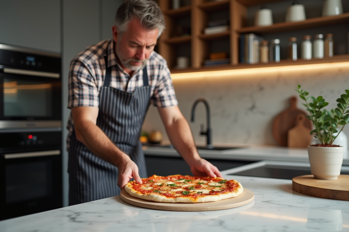 Homme en tablier plaide posant une pizza crue sur une pierre à pizza dans une cuisine moderne
