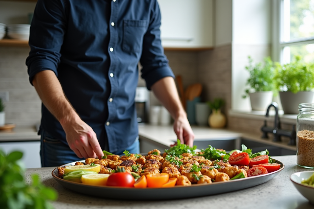 Homme en cuisine disposant des plats de proteines végétales frais
